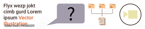 Data organization, communication, storage solutions, video editing, digital tools, database management. A question mark in a speech bubble, folders a file and a video icon. Data organization