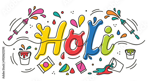WebHoli colorful hand drawn text with playful water guns and paint buckets, celebrating festival of colors with splatters and festive elements on a clean white background.