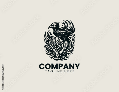 Stylized skeletal bird held by hand with flame backdrop is presented as bold monochrome vector logo on clean white background
