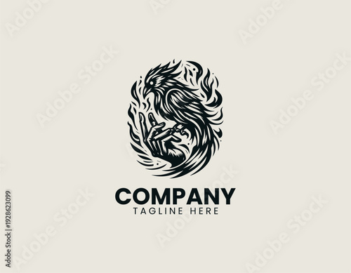 Stylized skeletal bird held by hand with flame backdrop is presented as bold monochrome vector logo on clean white background