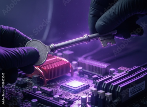 Gloved Hands Hold Ornate Key Over Detailed Computer Motherboard With Purple Lighting And Cpu Cooler
