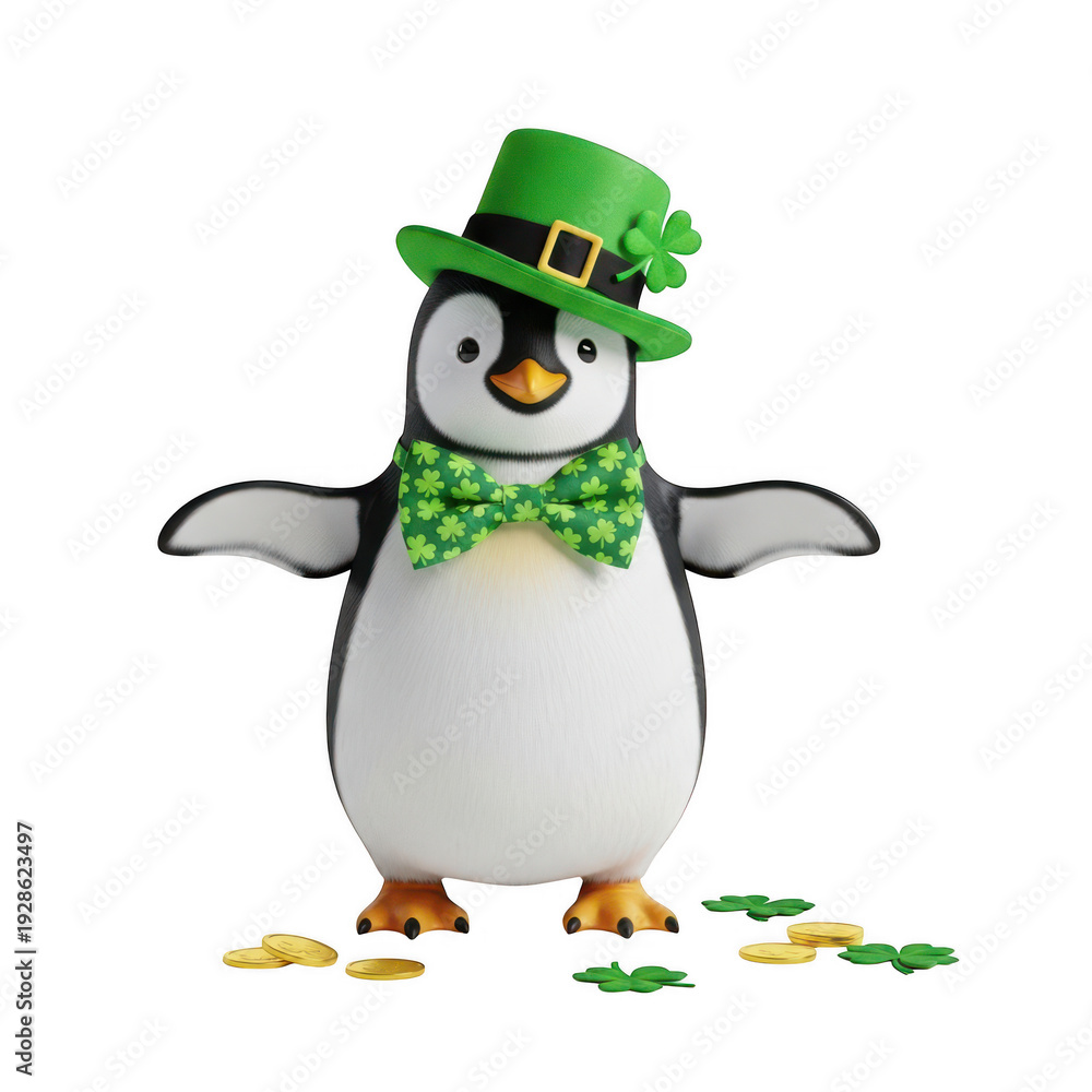 Fototapeta premium A penguin wearing a green hat and bow tie on st patrick's day isolated on transparent background