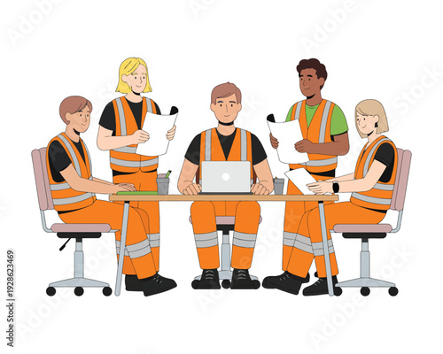 Construction safety meeting, team of industrial workers in high visibility vests reviewing project plans at table with laptop for workplace training discussion.