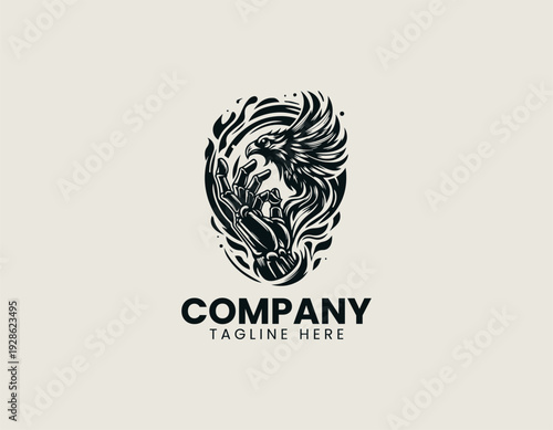 Stylized skeletal bird held by hand with flame backdrop is presented as bold monochrome vector logo on clean white background