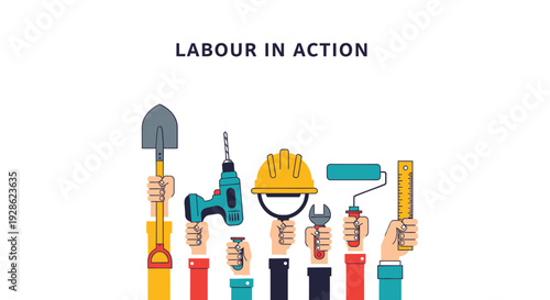 Labour in action icon set. Includes shovel, drill, hard hat, wrench, hammer, and screwdriver. Created in colorful flat style with multicolor palette