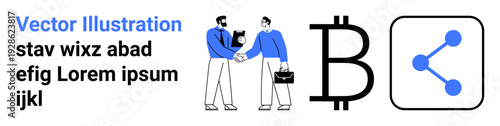 Business partnerships, cryptocurrency, networking, blockchain, communication, finance. Two figures shaking hands, Bitcoin symbol sharing icon. Business partnerships and cryptocurrency