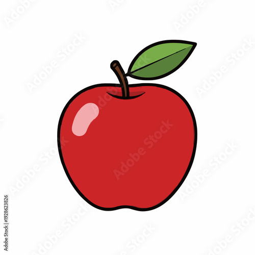A Vibrant Red Apple with a Green Leaf and Stem on a White Background