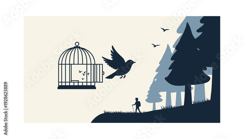 Bird flies free from cage in serene forest landscape with hiker
