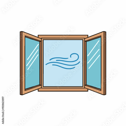 Open Wooden Window With Light Blue Sky Showing Gentle Wind Flow Illustration Style Isolated on White Background