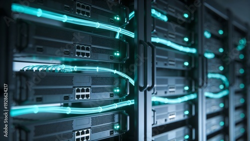 Futuristic Data Center Server Room Blurred Background with Blue LED Lights and Digital Infrastructure