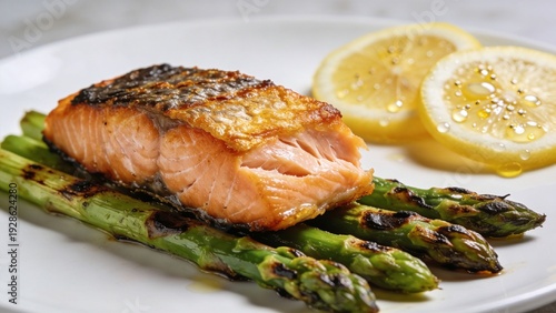 Pan Seared Salmon Fillet with Grilled Asparagus and Lemon Slices on Professional White Plate
