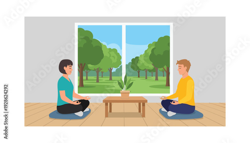 Couple meditating together in peaceful indoor setting with nature view