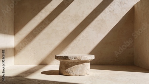 Minimalist Stone Podium Background with Geometric Sun Shadows and Beige Textured Wall Surface