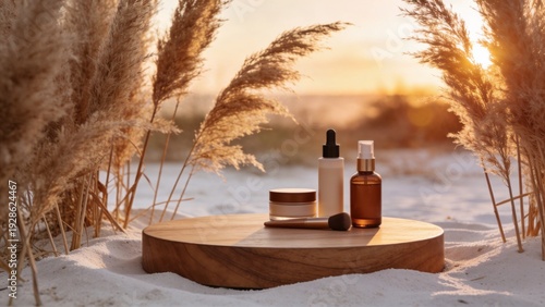 Organic Bohemian Podium Background with Sand and Pampas Grass in Warm Sunlight