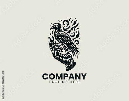 Stylized skeletal bird held by hand with flame backdrop is presented as bold monochrome vector logo on clean white background
