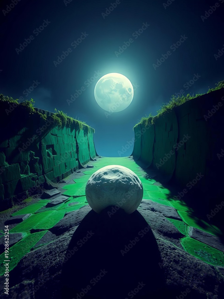 Fototapeta premium A stark white moonlet, marked by night's whisper, rests on a jade expanse, guarded by verdant walls, the simulator's hum a cosmic echo, golf ball, saturated