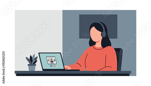Woman working remotely on video call with laptop and headset