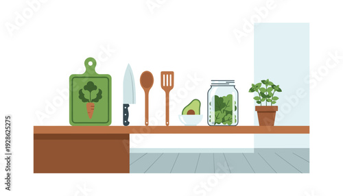 Healthy kitchen essentials on modern countertop with cutting board and fresh ingredients