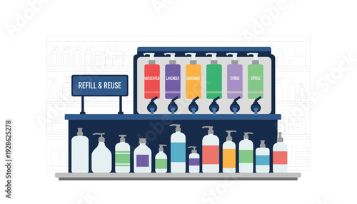 Refill and reuse station with colorful soap dispensers