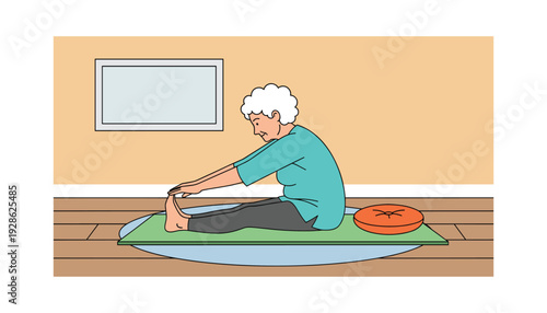 Senior woman stretching on yoga mat in peaceful home environment