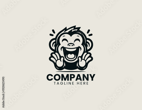 Playful cartoon monkey character with wide smile is presented as bold monochrome vector logo on clean white background