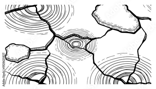 Cracked dry ground soil with circular ripple patterns in vintage engraving style