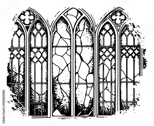 Broken gothic stained glass window of a ruined cathedral in hand drawn engraving style
