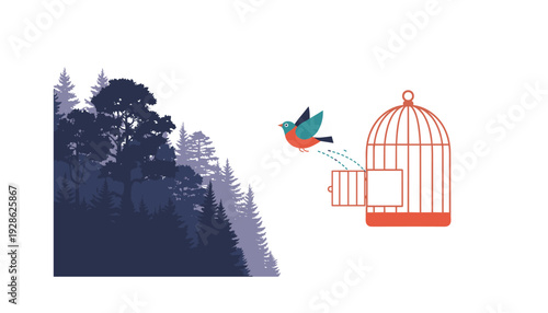 Bird flies free from cage into forest nature