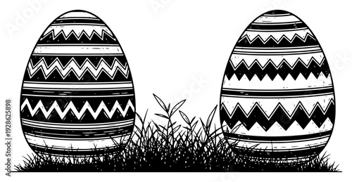Two decorated Easter eggs with geometric patterns lying in grass in engraving style