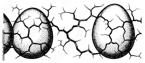 Two cracking Easter eggs with detailed surface texture in engraving style