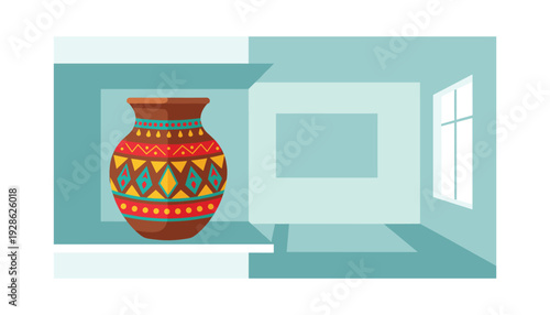 Vibrant clay vase with colorful geometric patterns on display in modern room