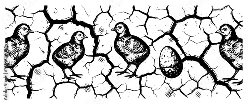 Easter chicks and egg walking on a cracked dry ground surface