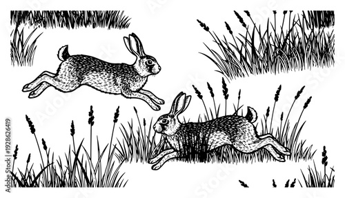Two wild hares running through a grassy meadow in classic etching style