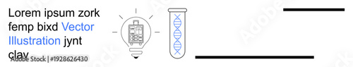 Scientific discovery, technological innovation, data analysis, research, creative solutions, ideas. DNA helix in a test tube, glowing light bulb. Technology innovation and scientific discovery