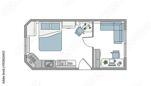 Cozy studio apartment floor plan with modern furniture
