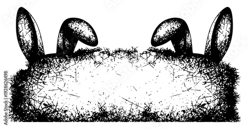 Rabbit ears peeking out from a grass nest in rough vintage engraving style