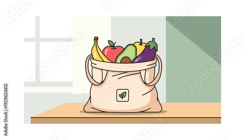 Vibrant reusable bag overflowing with fresh fruit on wooden table