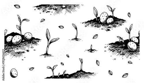 Young plant sprouts and eggs emerging from the soil in woodcut engraving style