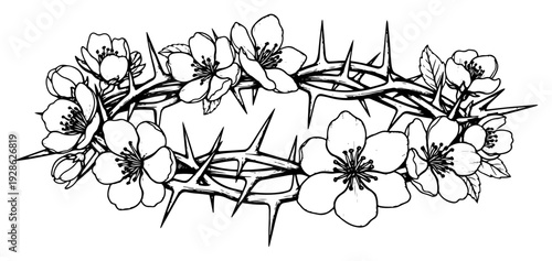 Crown of thorns with delicate spring flowers in vintage engraving style