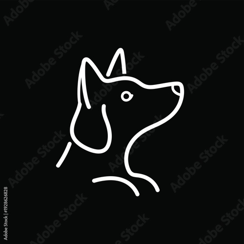 Minimalist line drawing of a cartoon dog with a playful expression and a wagging tail