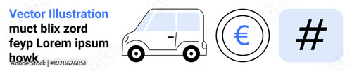 Compact car, Euro coin, and metadata tag icon highlight transportation, finance, and social media marketing. Ideal for e-commerce, mobility, payments, branding tech networking simple landing page