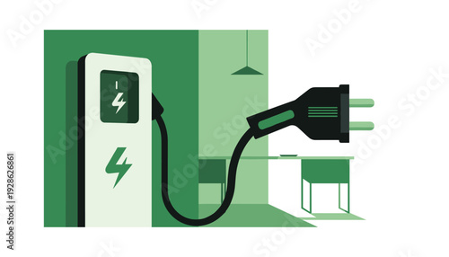 Electric vehicle charging station in modern office space with green theme