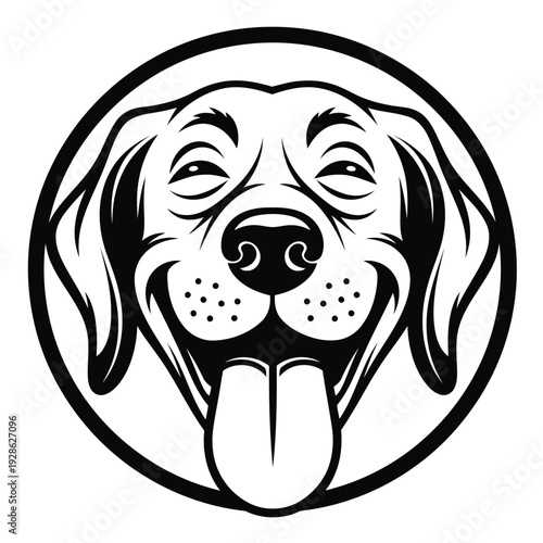 A cheerful cartoon dog with a relaxed expression inside a circular frame.