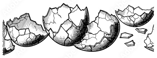 Row of empty cracked eggshells in vintage woodcut engraving style