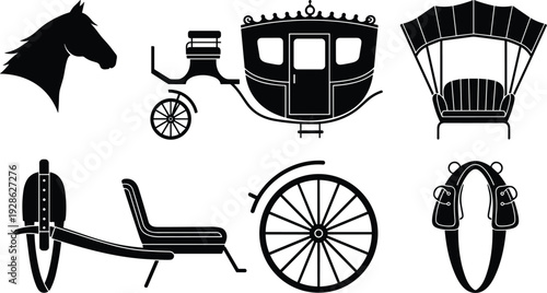 Horse Carriage and Royal Coach Vector Illustration Set with Black Silhouette of Vintage Transportation Horse Head Carriage Wheel and Fairy Tale Stagecoach Icons