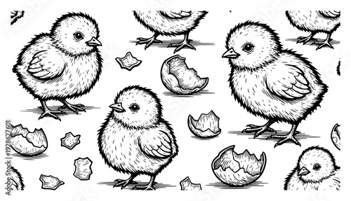Detailed baby chicks and eggshells seamless pattern for Easter celebration