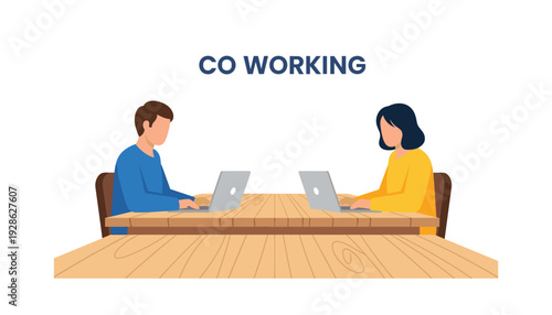 Young professionals coworking on laptops at modern wooden desk