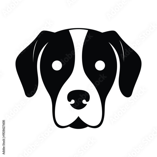 A stylized black and white illustration of a friendly dog's face looking forward