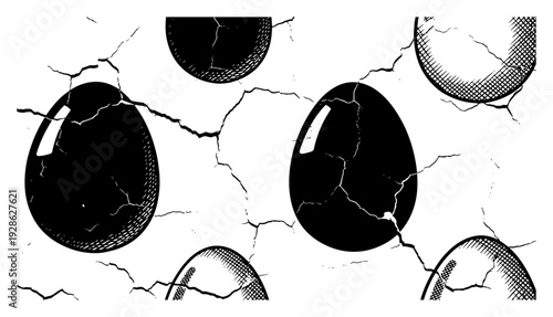 Dark eggs on a cracked earth ground background in graphic engraving style