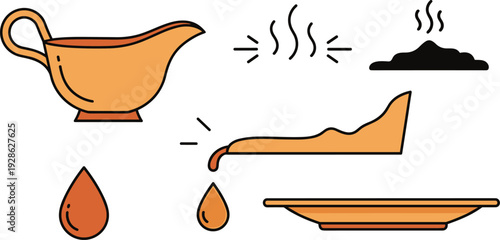 Gravy Boat and Sauce Vector Illustration Set with Ceramic Sauce Boat Pouring Gravy Steam Icons Orange Liquid Drops and Serving Plate Symbols